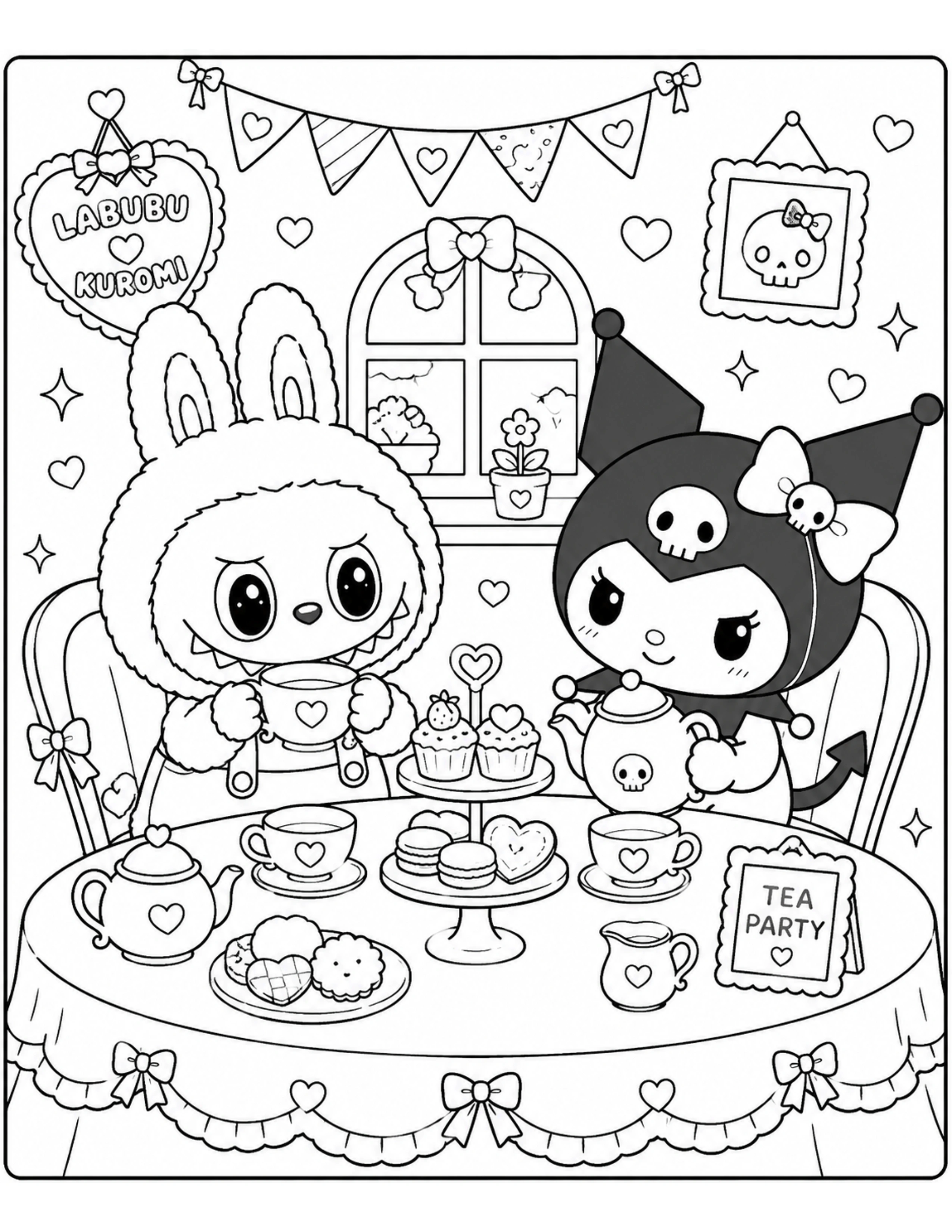 Labubu and Kuromi Having a Kawaii Tea Party Coloring Pages