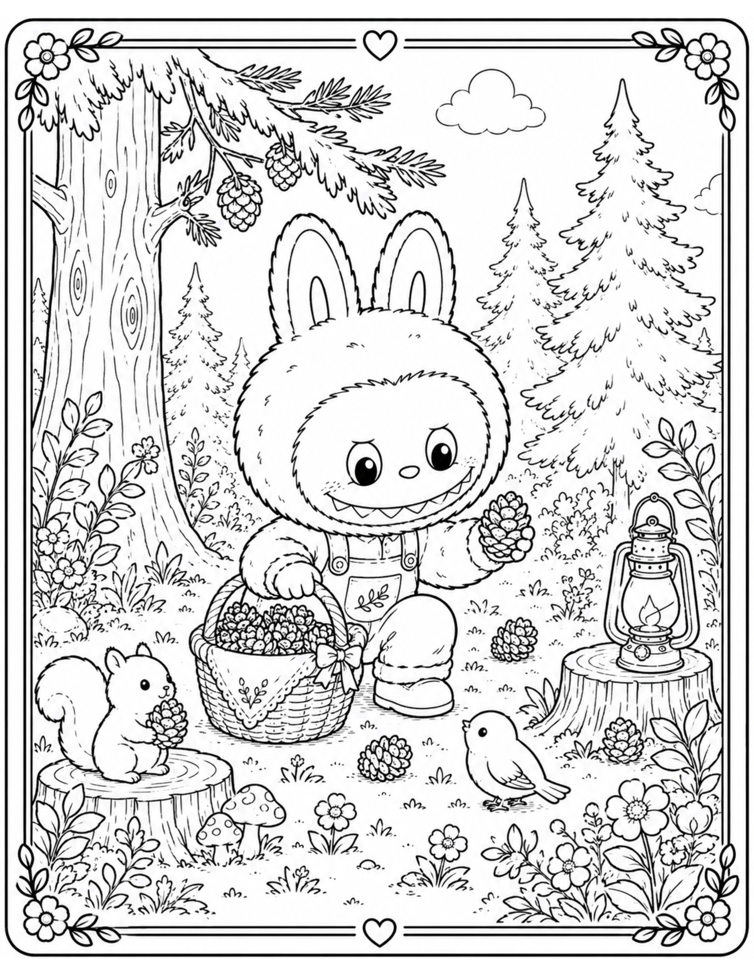 Cottagecore Labubu Collecting Pinecones in The Woods Coloring Pages