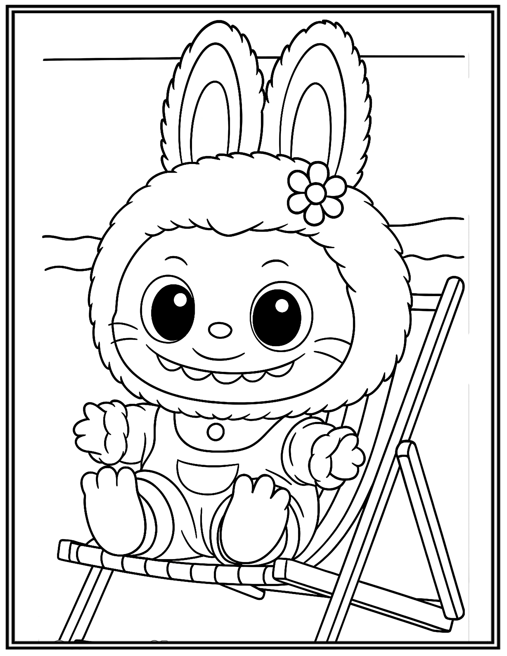 Labubu Sitting Happily On a Beach Chair At The Beach Coloring Pages