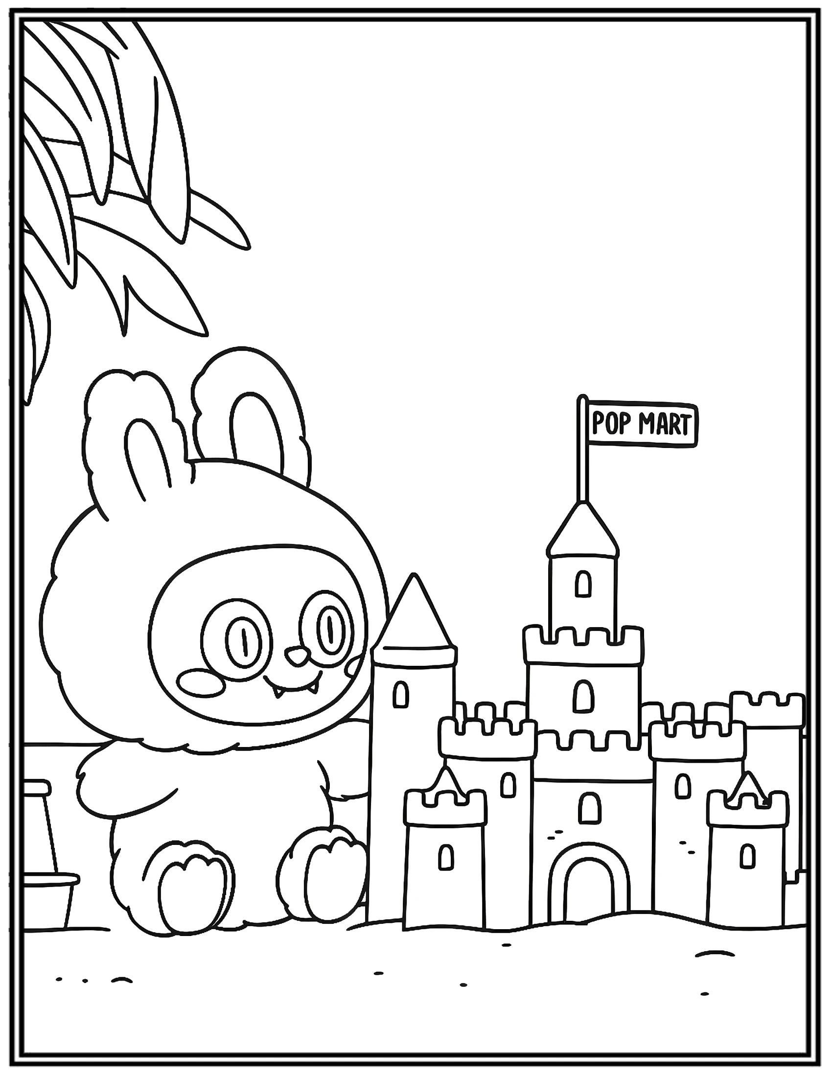 Labubu Sitting On The Beach Building Sandcastle Coloring Pages