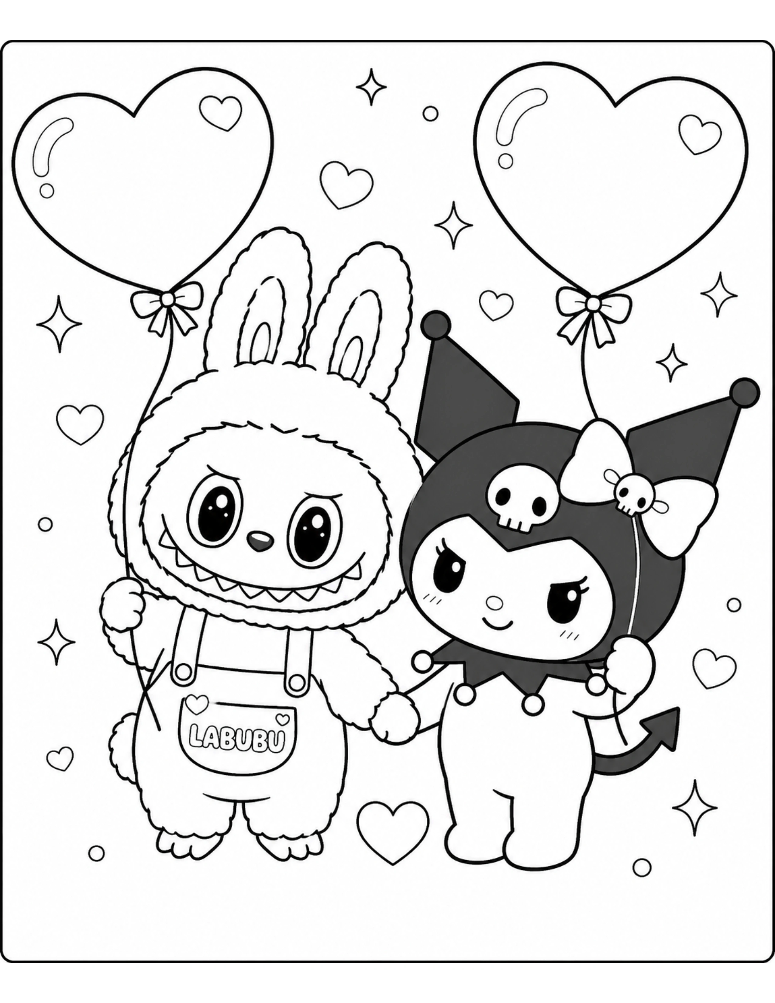 Kawaii Labubu and Kuromi Holding Heart Balloons Coloring Pages