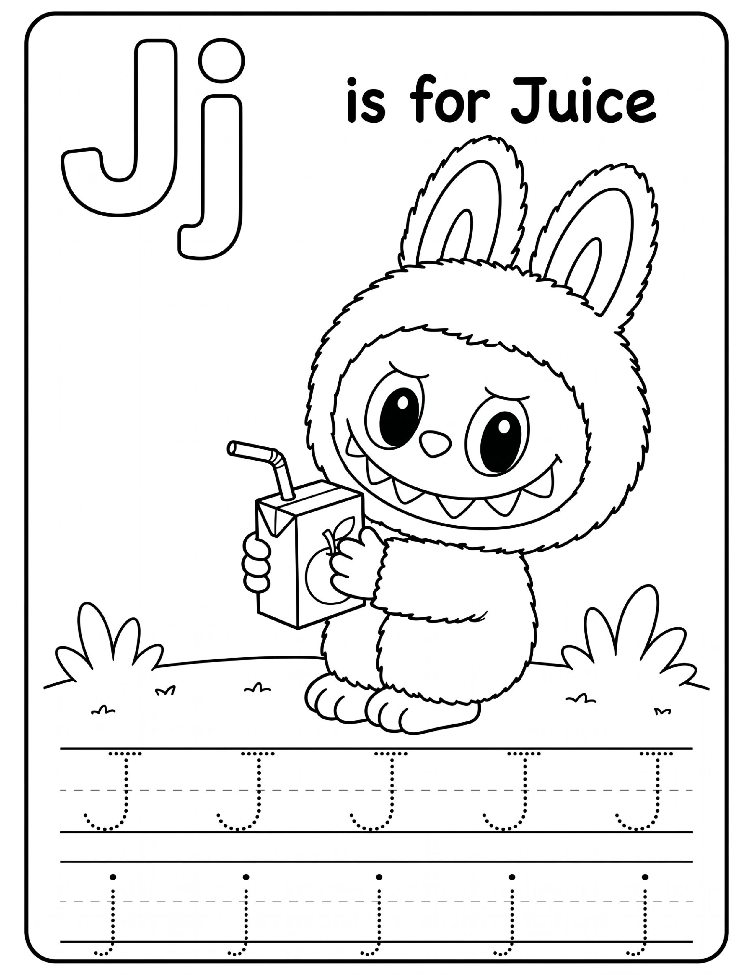 Educational Alphabet Letter J with Cute Labubu Coloring Pages