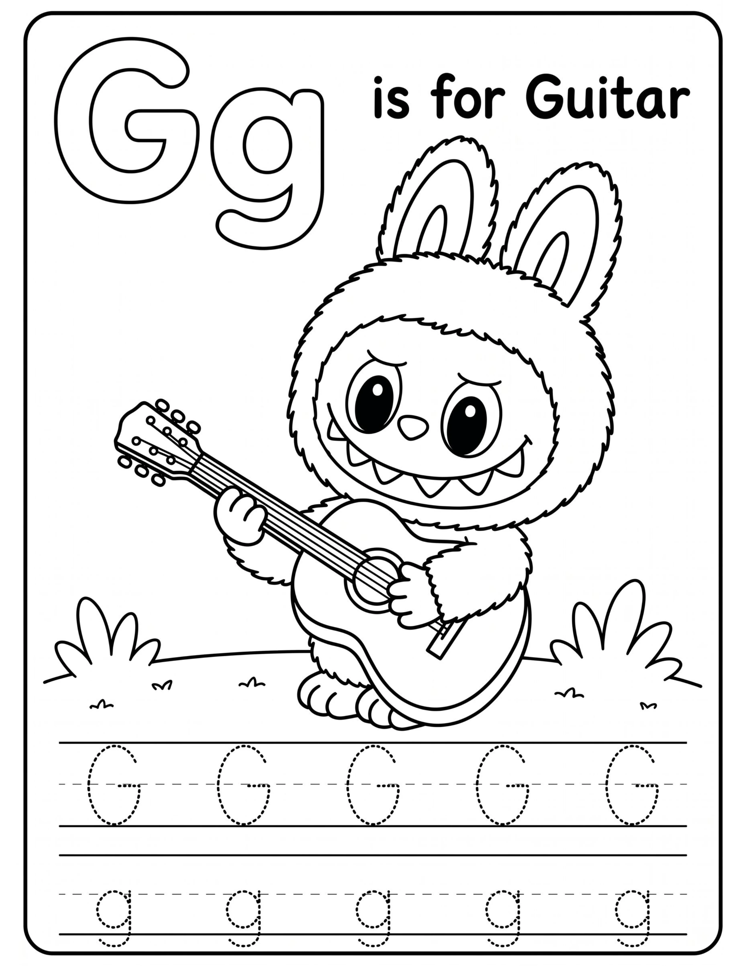 Educational Alphabet Letter G with Cute Labubu Coloring Pages