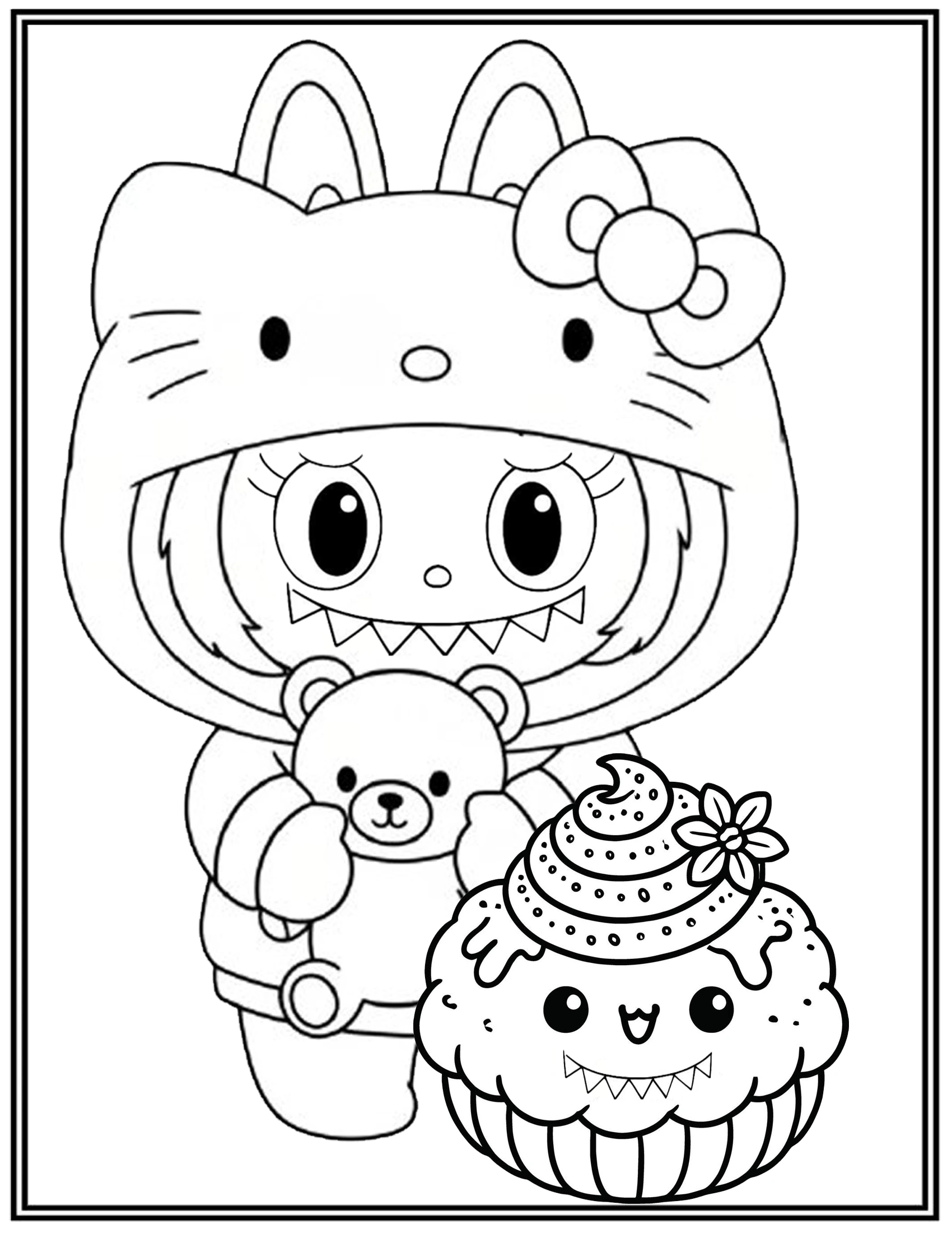 Cute Labubu Kawaii in Hello Kitty Costume Coloring Pages