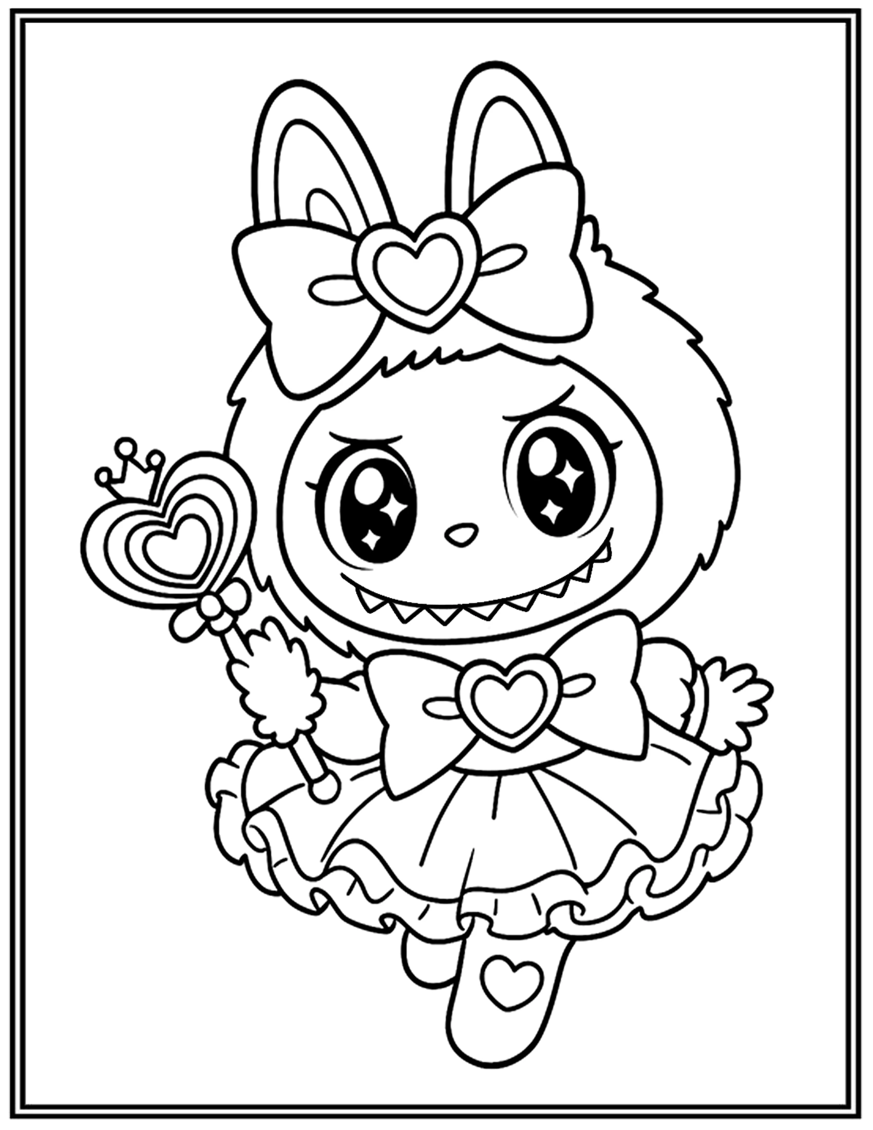 Cute Labubu Using Big Ribbon with A Heart Coloring Pages