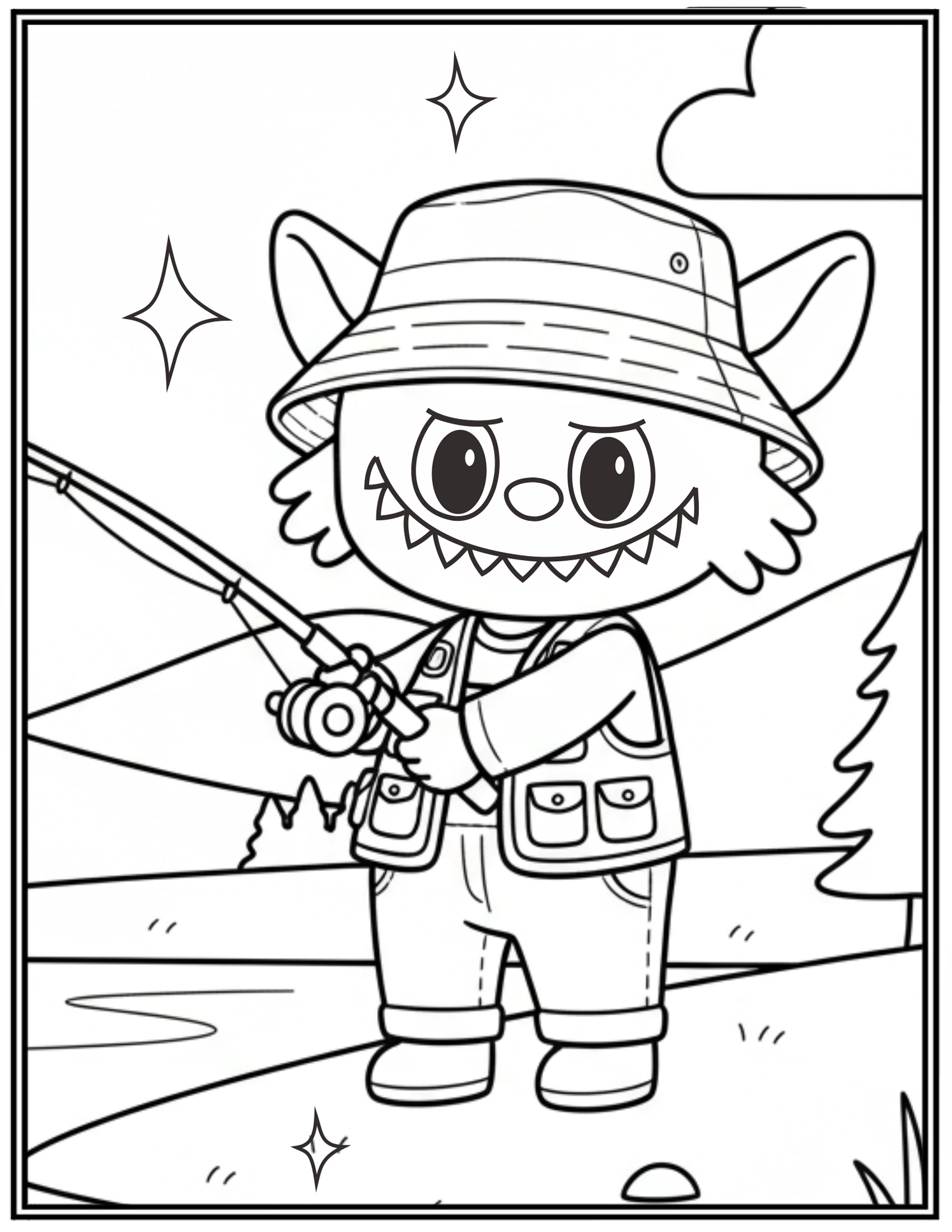 Labubu Standing At The Lake While Holding A Fishing Coloring Pages