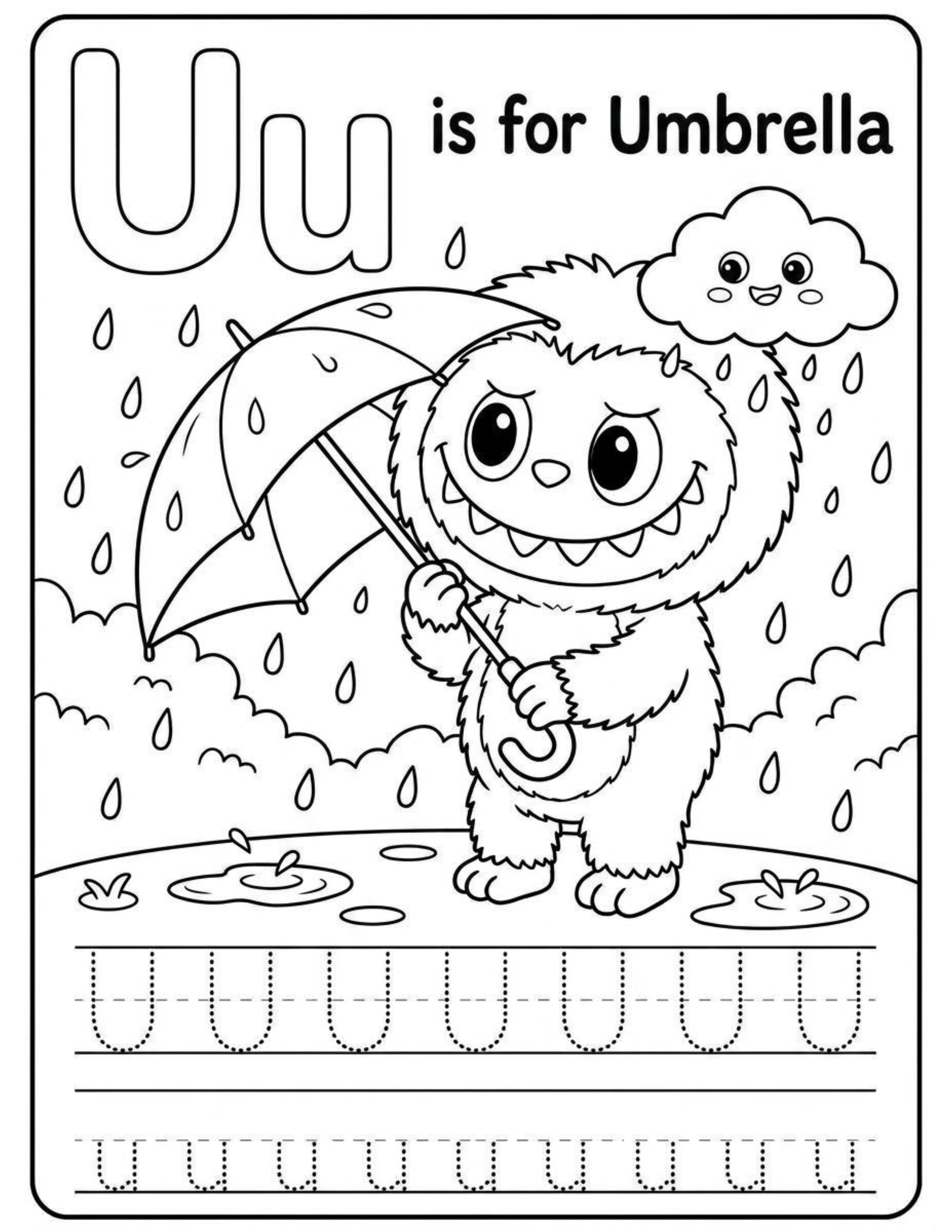 Educational Alphabet Letter U with Cute Labubu Coloring Pages