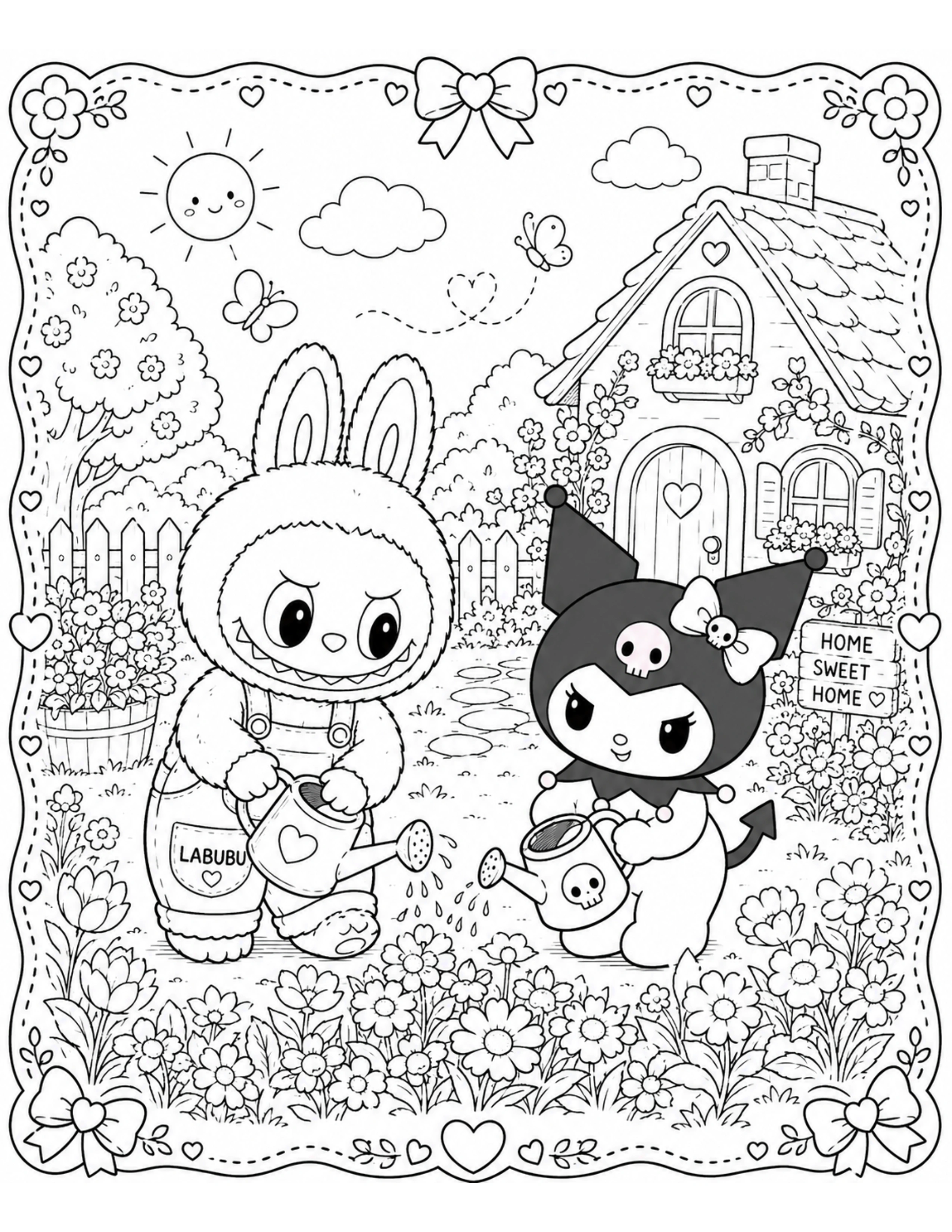Labubu and Kuromi Watering Cottage Flowers Coloring Pages