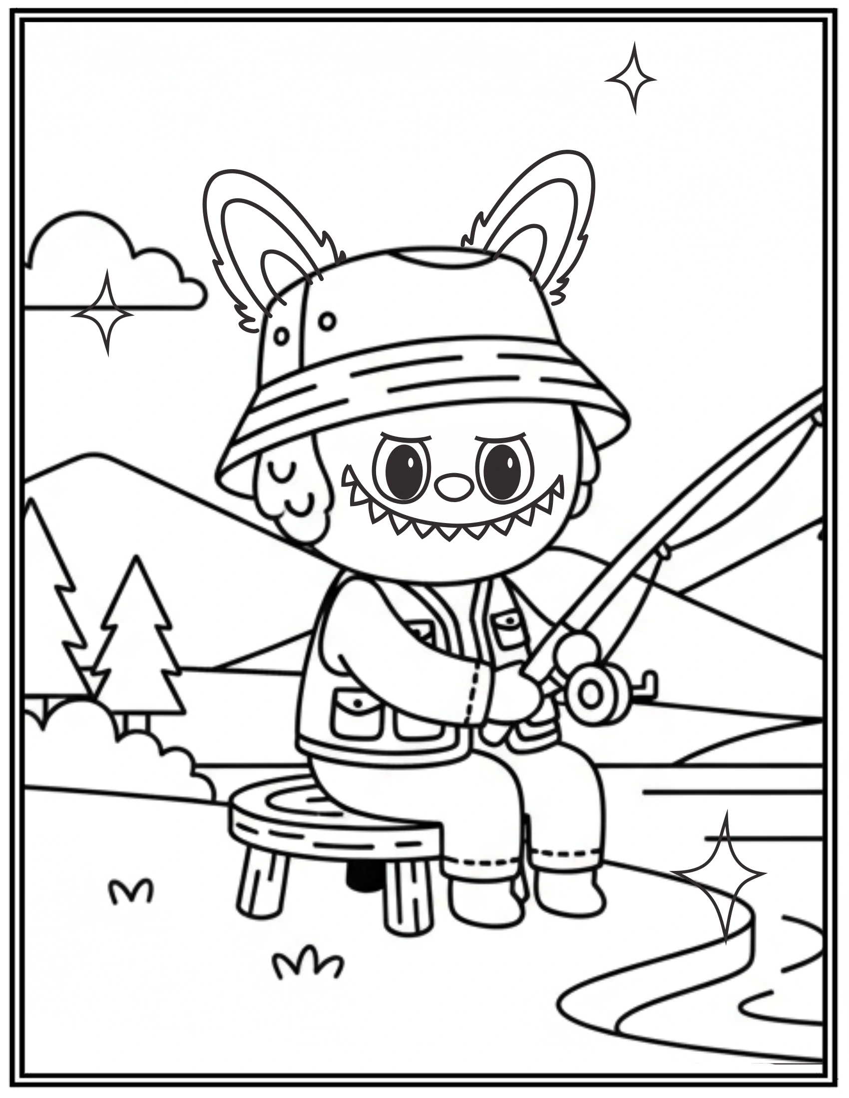 Labubu Relaxing and Fishing Coloring Pages
