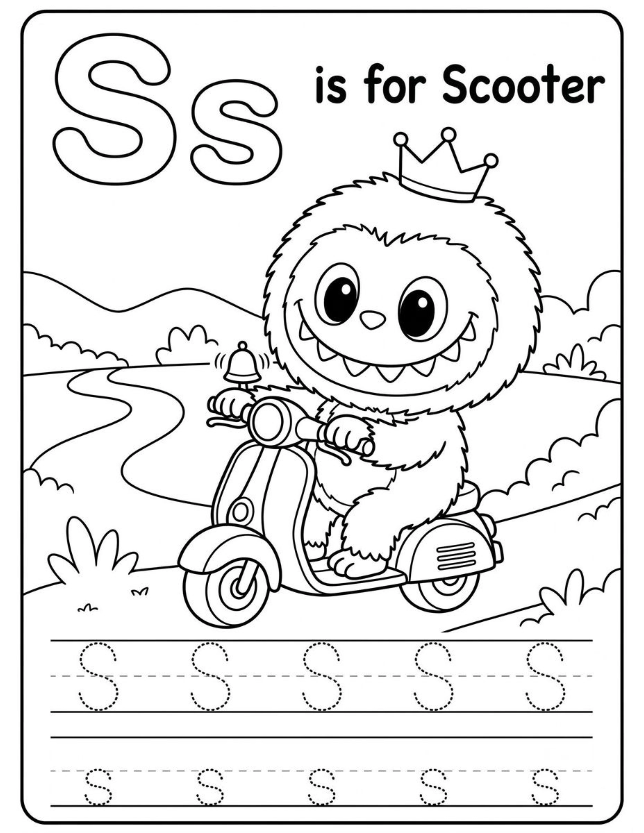 Educational Alphabet Letter S with Cute Labubu Coloring Pages