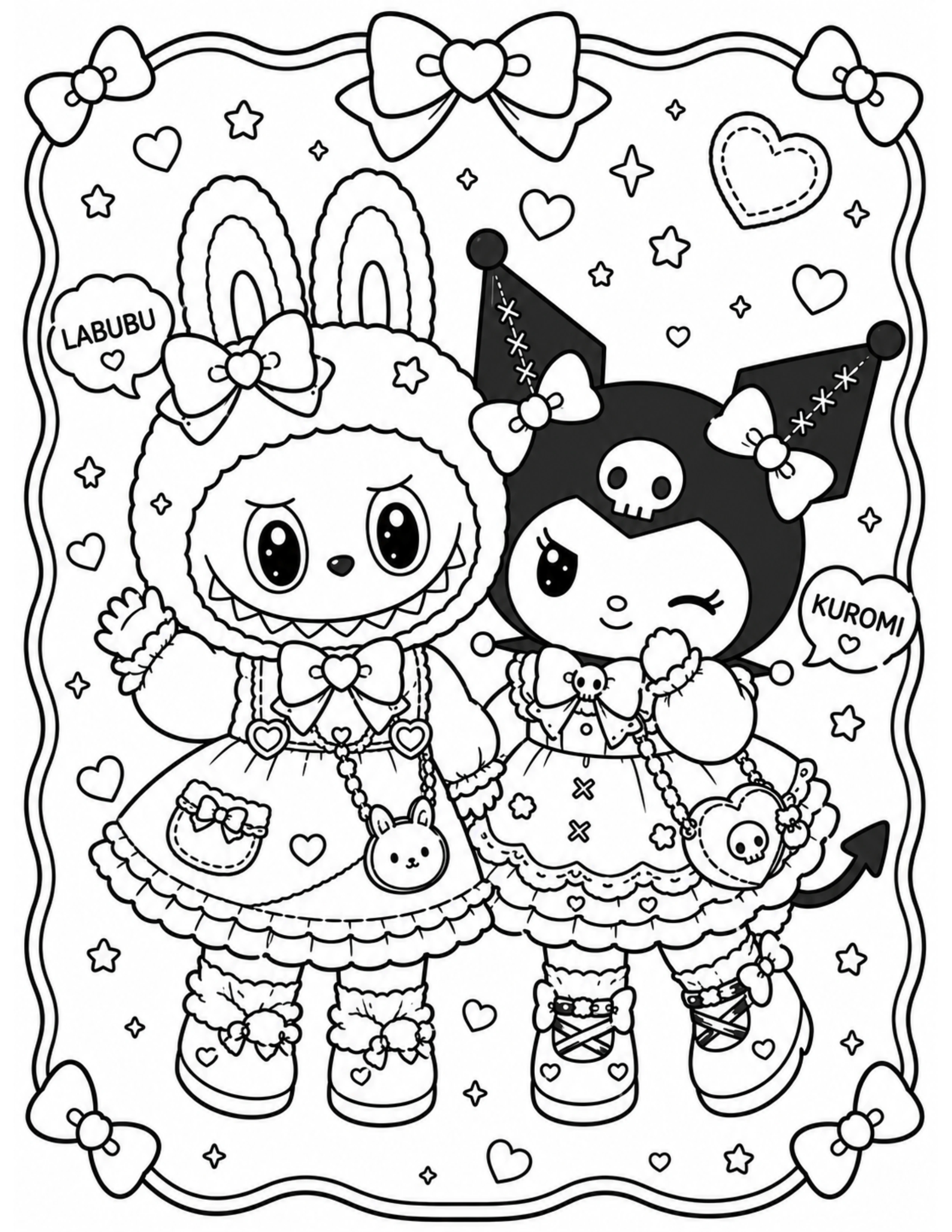 Labubu and Kuromi in Kawaii Outfits Coloring Pages