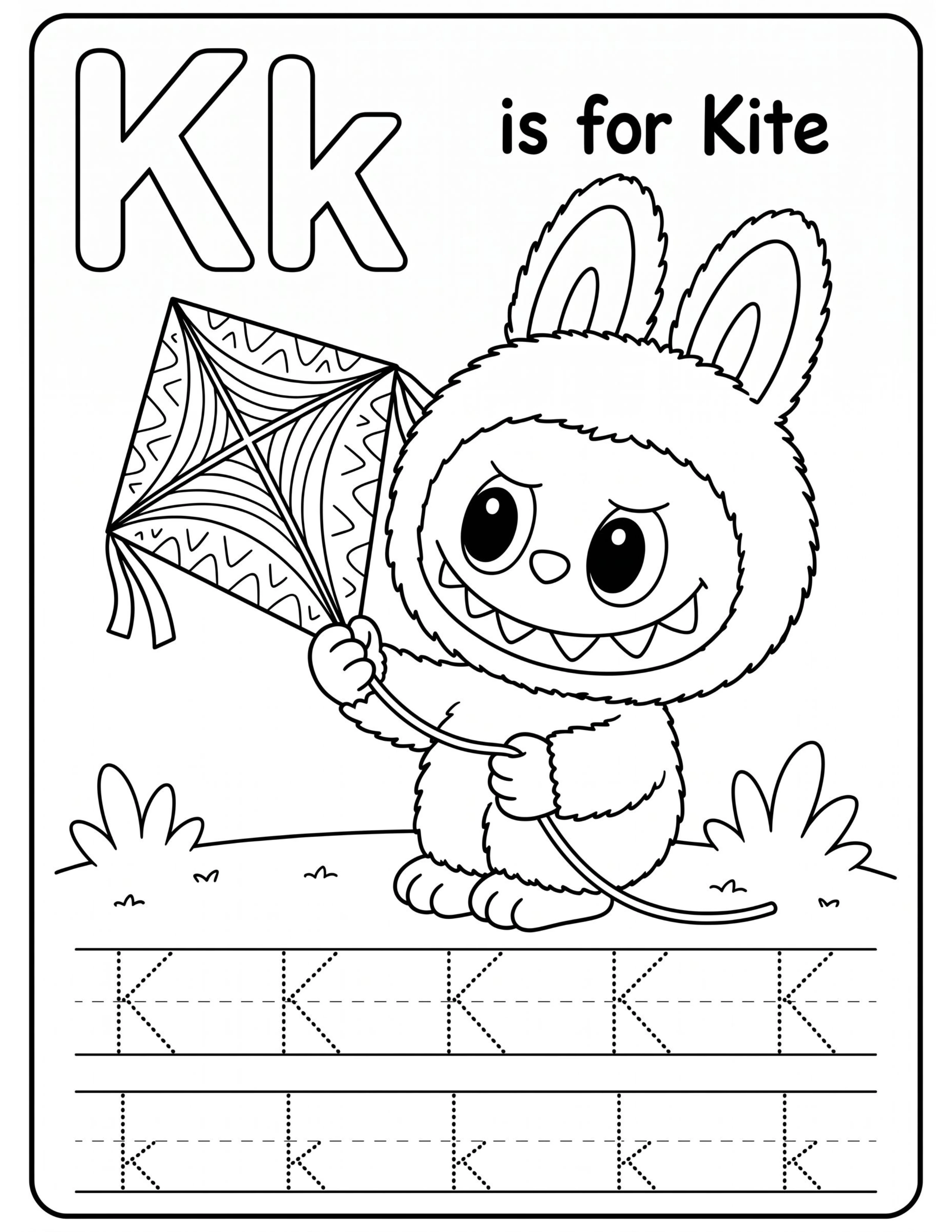Educational Alphabet Letter K with Cute Labubu Coloring Pages