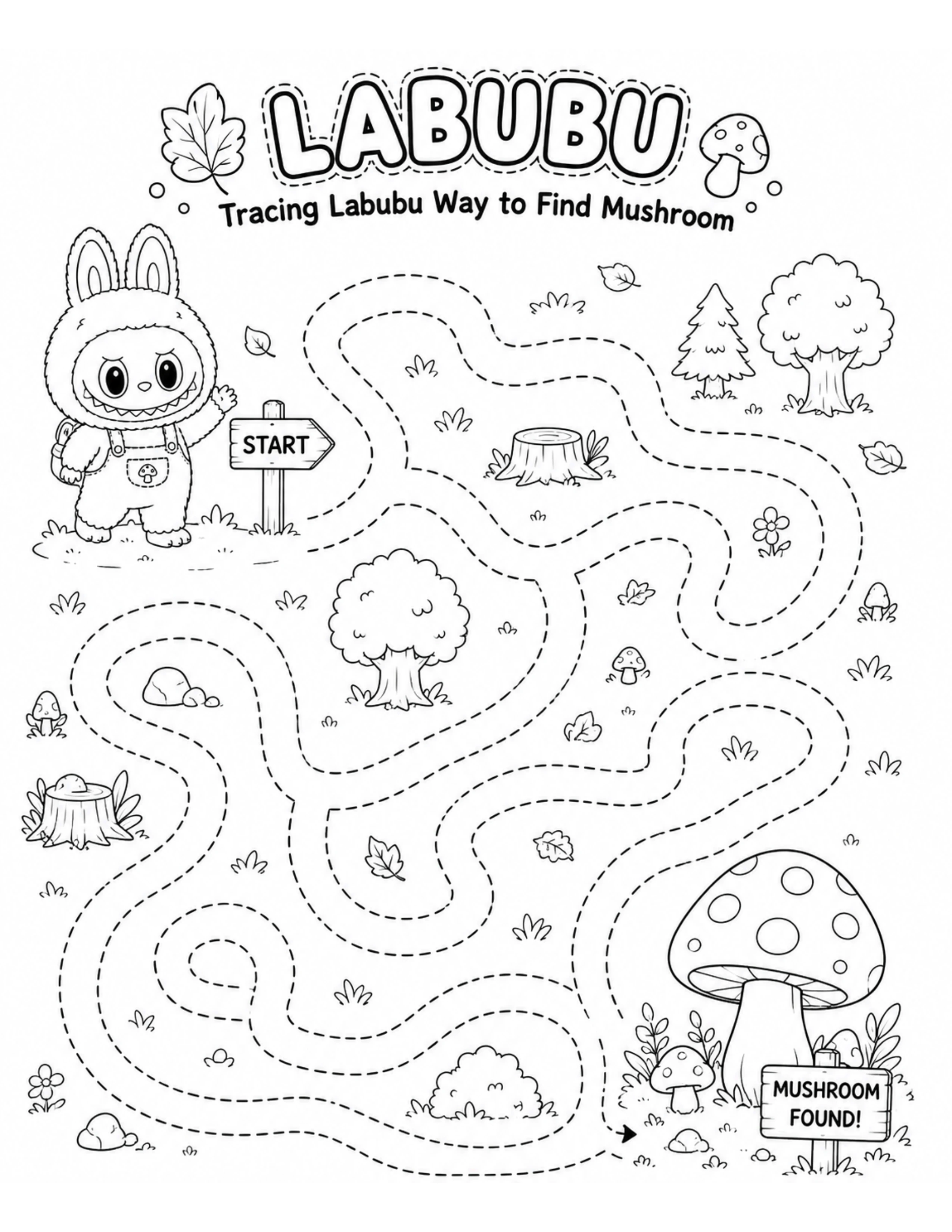 Tracing Labubu to Find Mushroom Coloring Pages