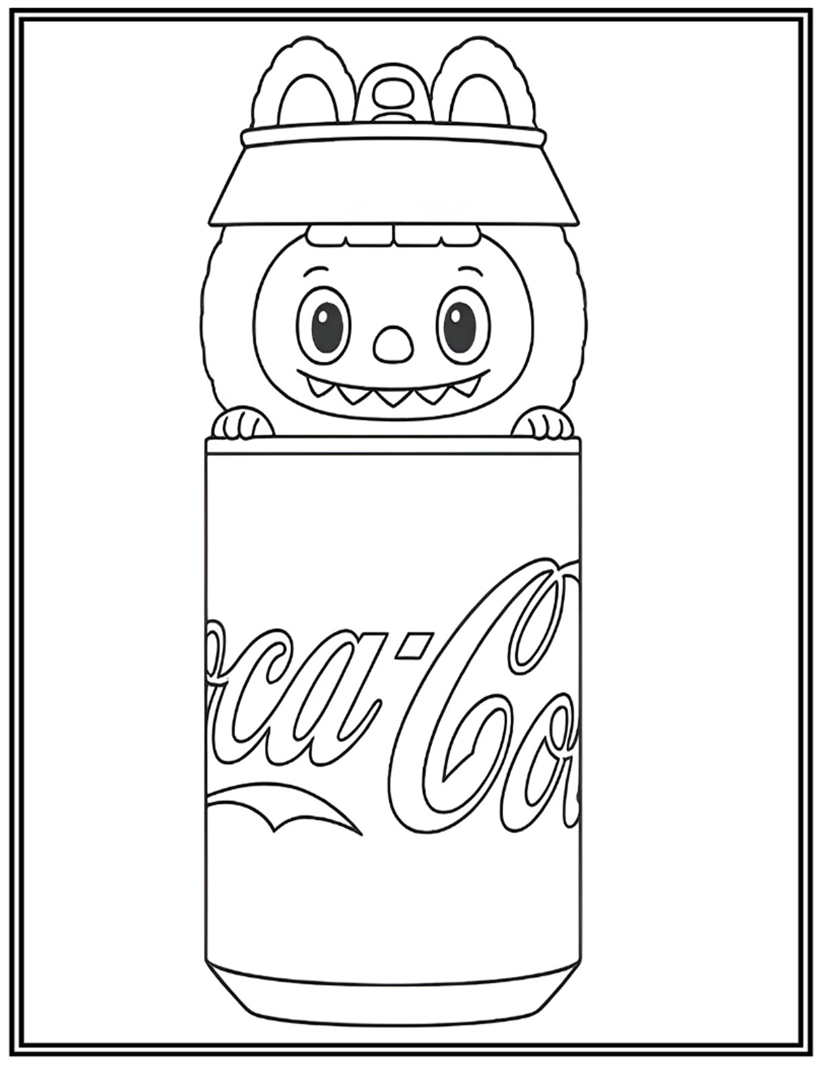 Cute Labubu Kawaii Peeking out of a Coca-Cola can Coloring Pages