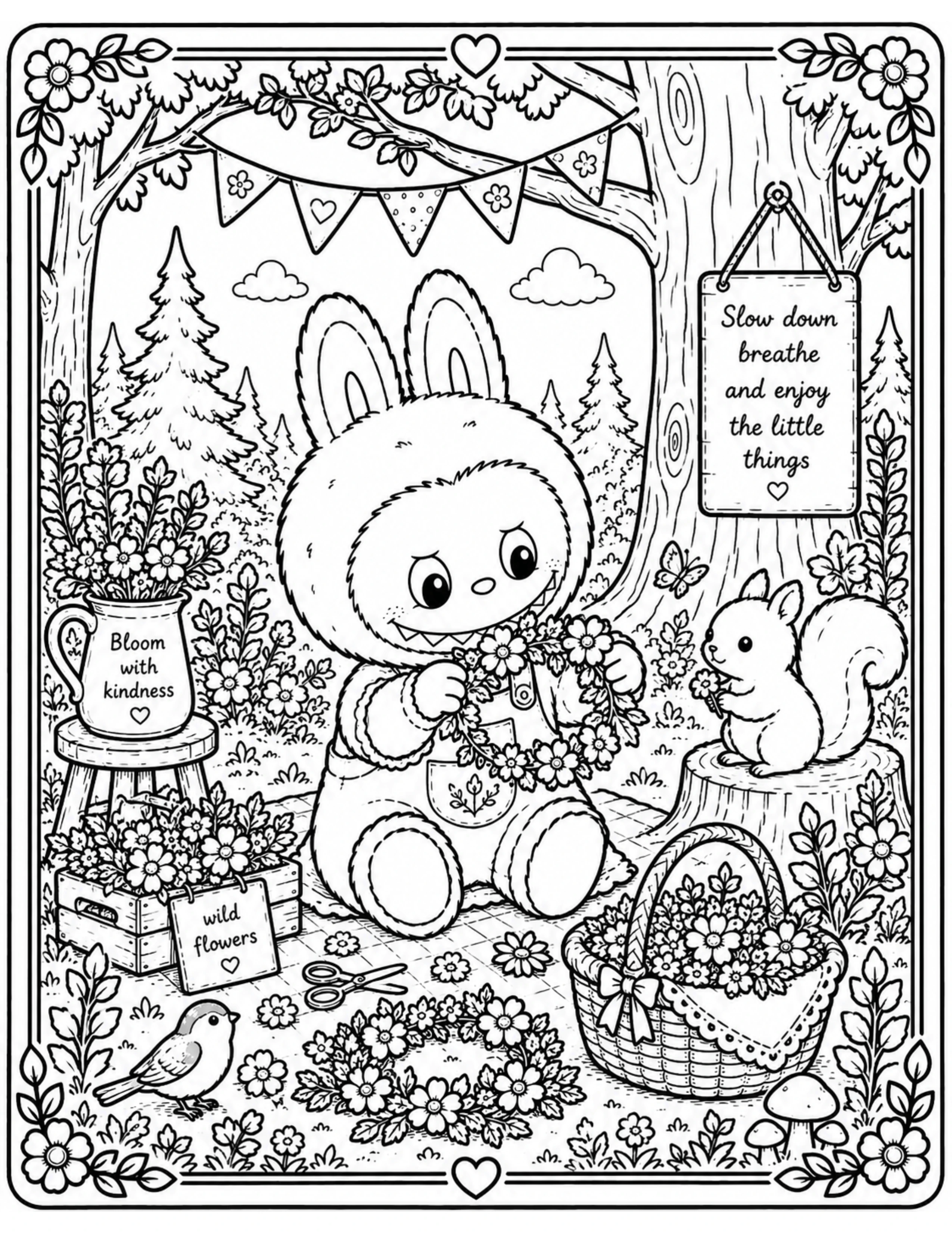 Cottagecore Coloring Labubu Making a Flower Crown in the Forest
