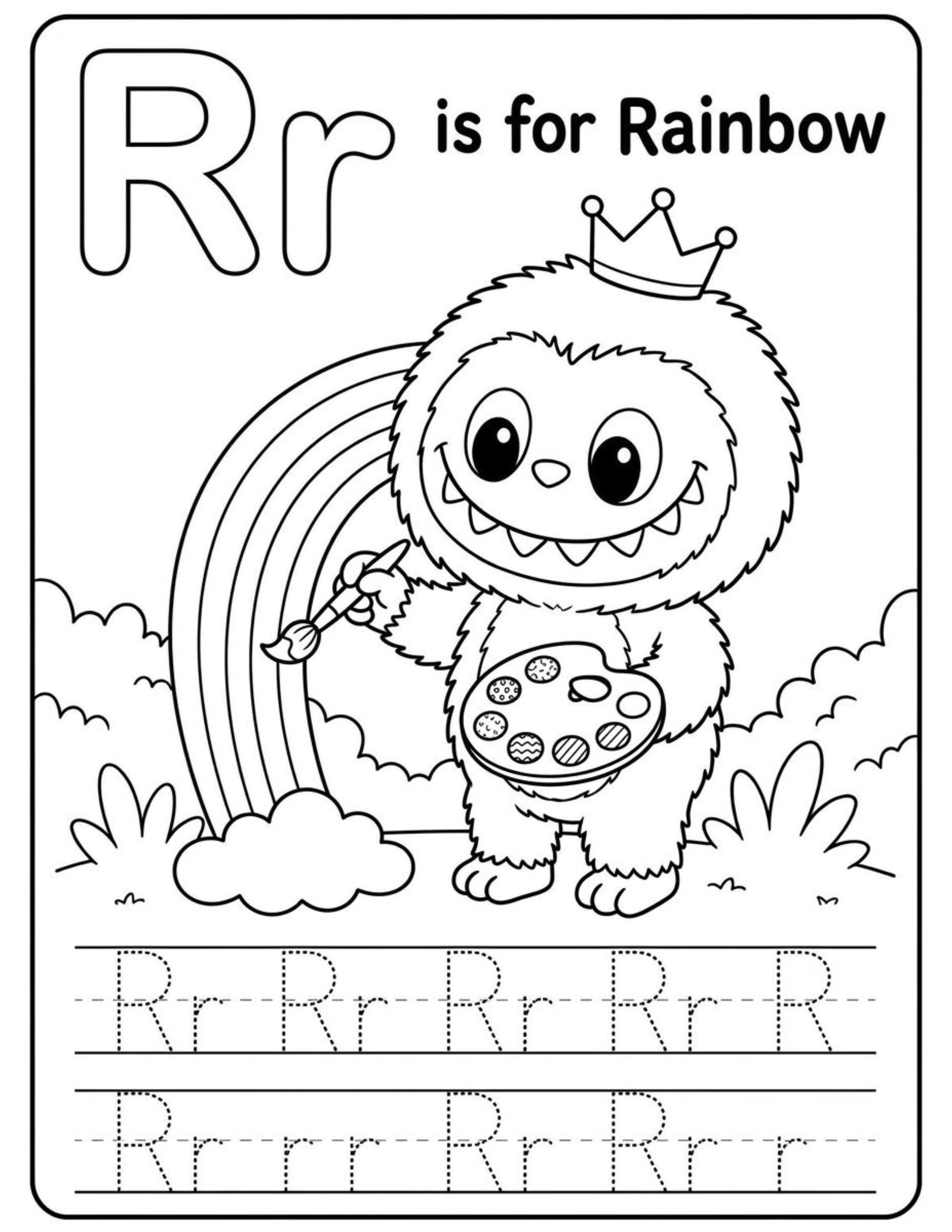 Educational Alphabet Letter R with Cute Labubu Coloring Pages