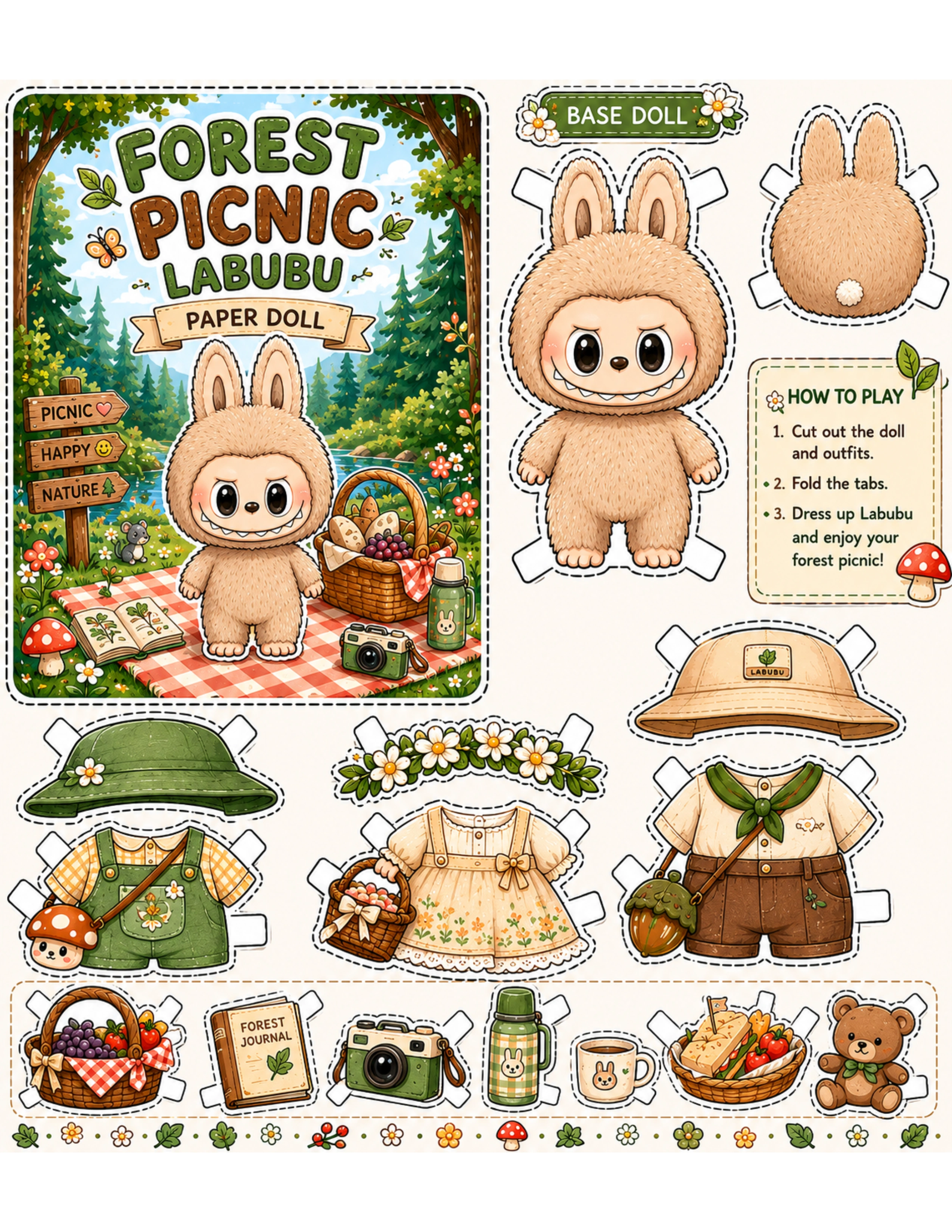 Cottagecore Forest Picnic Labubu Paper Doll