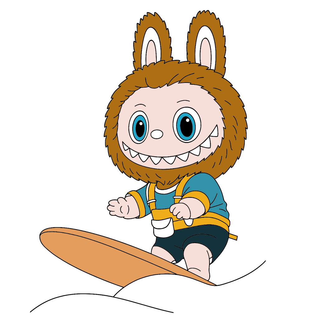 Labubu Surfing At The Beach Coloring Pages